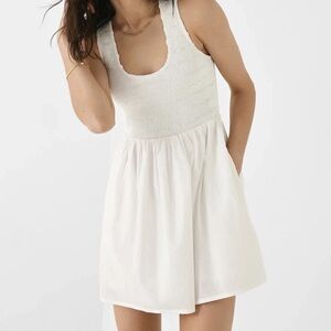 Faithfull the Brand Epoca Mini Smocked Bodice Gathered Skirt White Dress Pockets